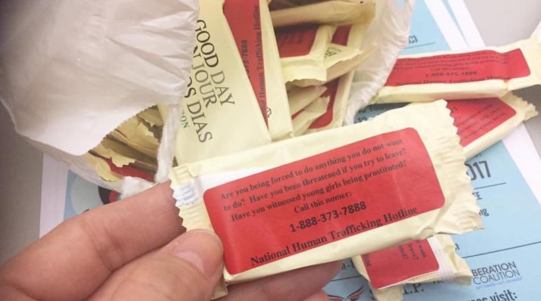 S.O.A.P. (Save Our Adolescents from Prostitution) volunteers will place small bars of soap in the bathrooms of busy commercial areas, such as hotels, ahead of the Super Bowl. Labels on the back provide a hotline number for victims or advocates to call. (handout photo)