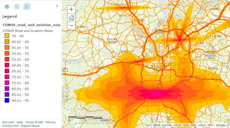 Road and aviation noise in decibels. Source: DOT Bureau of Transportation Statistics