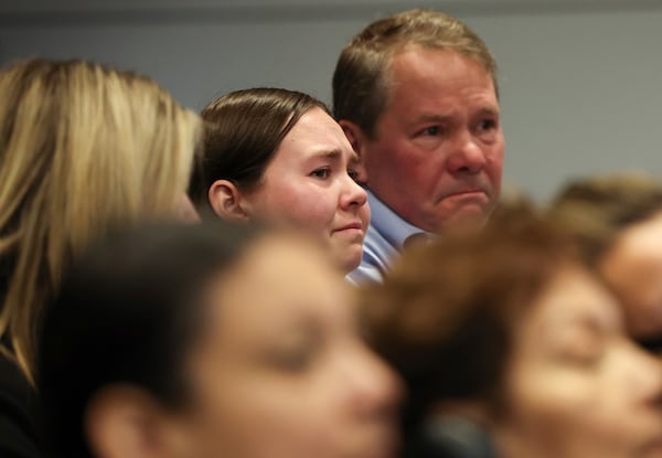 Leah and Bruce Sundheim, the daughter and husband of Jacki Sundheim, react as Judge Victoria Rossetti sentences Robert Crimo III at the Lake County Courthouse, in Waukegan, Ill, on Thursday, April 24, 2025. (Stacey Wescott/Chicago Tribune via AP, Pool)