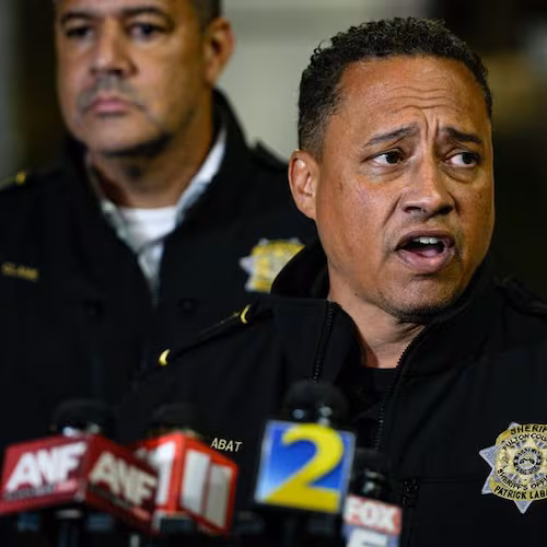 Fulton County Sheriff Patrick Labat — pictured speaking to reporters after an inmate allegedly set a fire inside the Rice Street jail in December — has clashed with the Fulton County Commission over repairs needed at the Fulton jail, where the Department of Justice ruled conditions to be unconstitutional in 2024. (Ben Hendren for the AJC 2025)