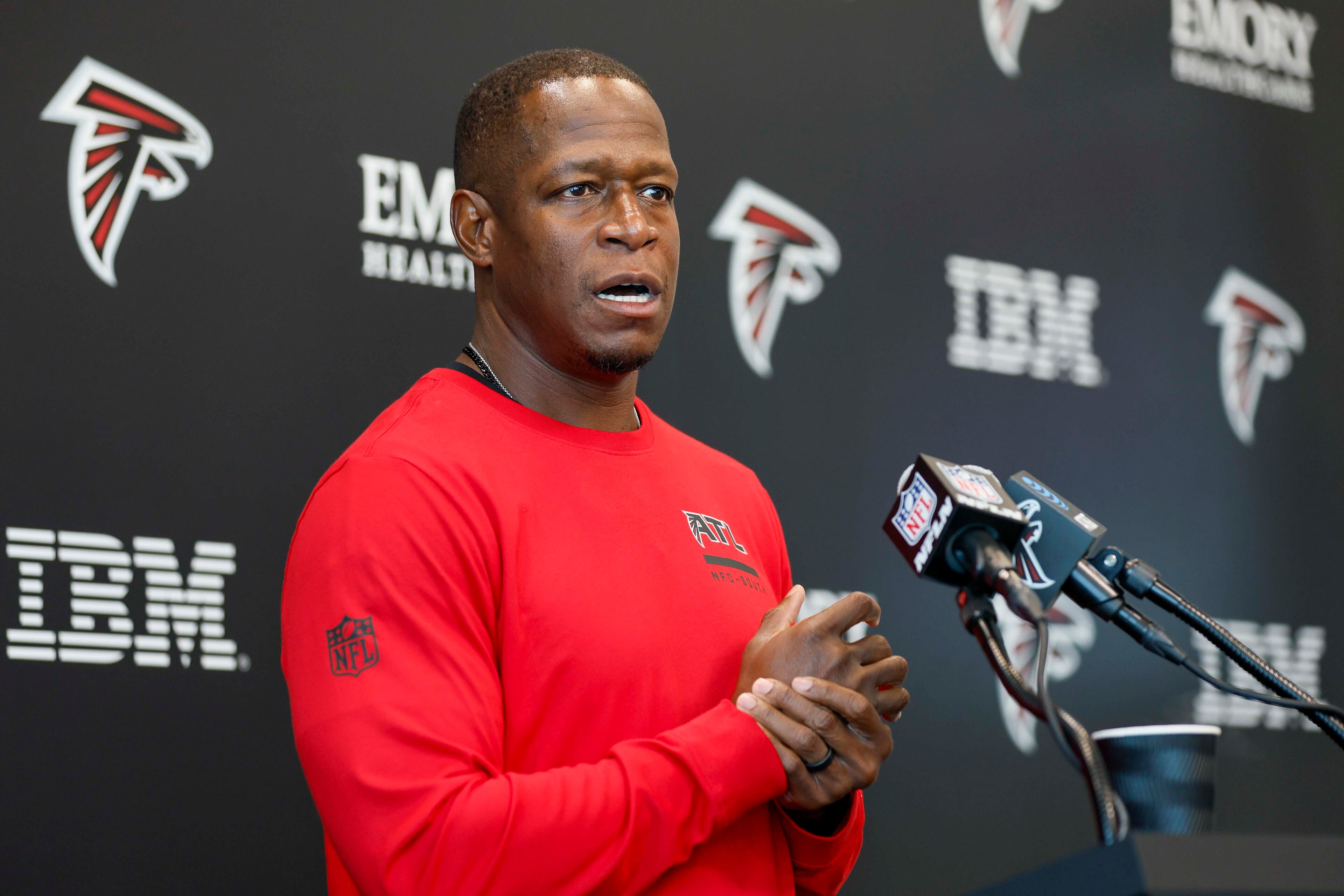“I think it really started with an excellent quarterback play, right?” Falcons coach Raheem Morris says of the Bucs’ takeover of the NFC South. “It started with Tom Brady. Then spilled over to Baker (Mayfield).” (Miguel Martinez/AJC)