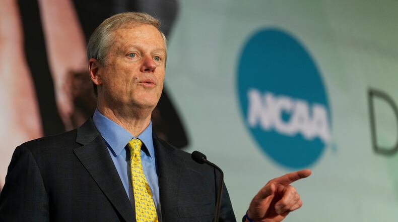 FILE - NCAA President Charlie Baker speaks during the Division I Business Session at the annual NCAA convention, Jan. 15, 2025, in Nashville, Tenn. (AP Photo/George Walker IV, File)