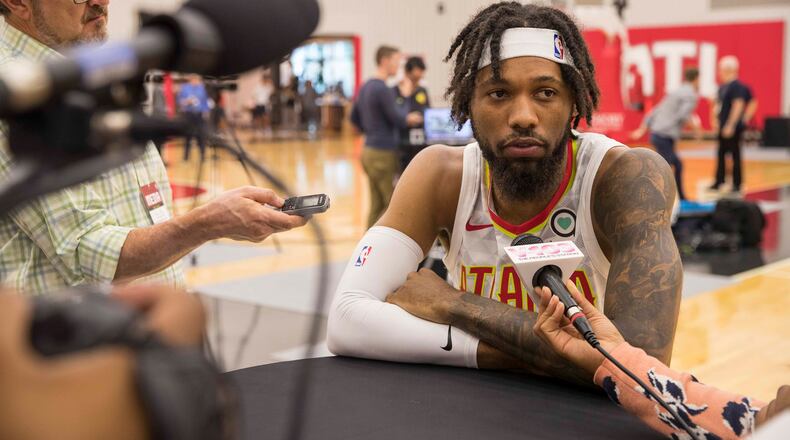 Atlanta Hawks forward DeAndre' Bembry speaks with members of the press during the Atlanta Hawks Media day at the Emory Sports Medicine Complex, Monday, September 24, 2018. (ALYSSA POINTER/ALYSSA.POINTER@AJC.COM)