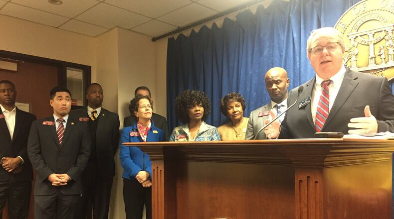 Georgia Senate Minority Leader Steve Henson speaks to reporters Tuesday, the final day for people to comment on Gov. Brian Kemp’s health care waiver plans. Senate and House Democrats held a press conference at the state Capitol to urge Georgians to comment and call for full Medicaid expansion under Obamacare. PHOTO by Ariel Hart / ahart@ajc.com