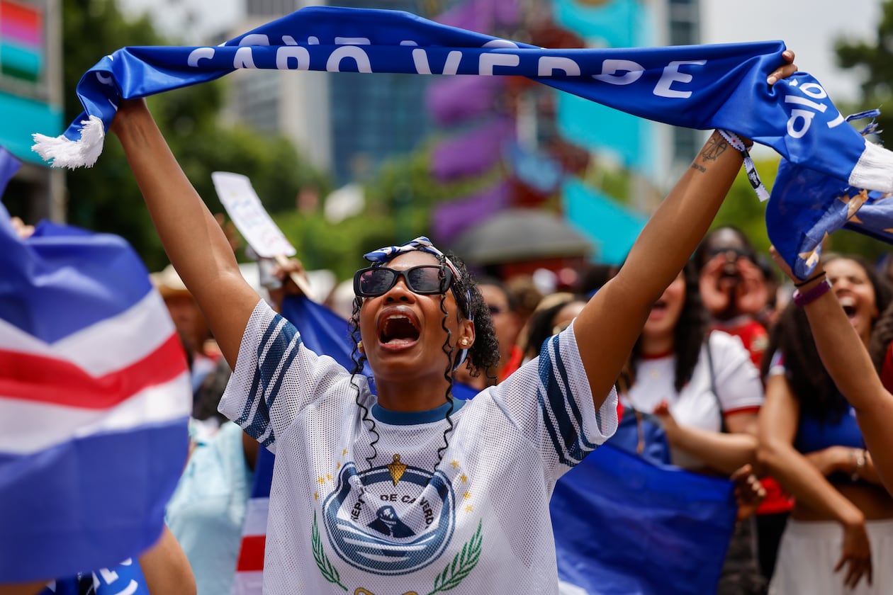 A Cape Verde fan reacts at FIFA Fan Festival in Centennial Olympic Park during the Spain and Cape Verde match at the 2026 FIFA World Cup in Atlanta on June 15, 2026. It’s the first of eight World Cup matches to take place in Atlanta. The match was a 0-0 draw. (Arvin Temkar/AJC)