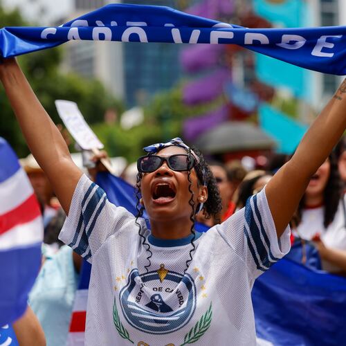 A Cape Verde fan reacts at the FIFA Fan Festival in Centennial Olympic Park during the Spain and Cape Verde match at the 2026 FIFA World Cup in Atlanta on June 15, 2026. The match was a 0-0 draw. (Arvin Temkar/AJC)