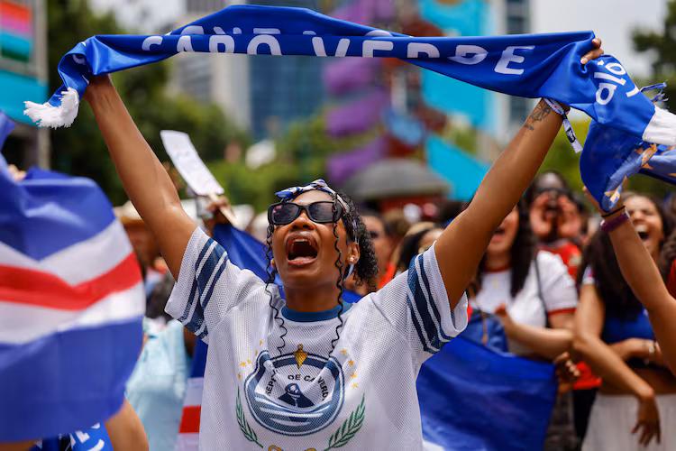 A Cape Verde fan reacts at FIFA Fan Festival in Centennial Olympic Park during the Spain and Cape Verde match at the 2026 FIFA World Cup in Atlanta on June 15, 2026. It’s the first of eight World Cup matches to take place in Atlanta. The match was a 0-0 draw. (Arvin Temkar/AJC)