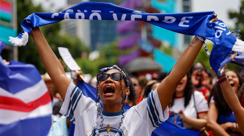 A Cape Verde fan reacts at the FIFA Fan Festival in Centennial Olympic Park during the Spain and Cape Verde match at the 2026 FIFA World Cup in Atlanta on June 15, 2026. The match was a 0-0 draw. (Arvin Temkar/AJC)