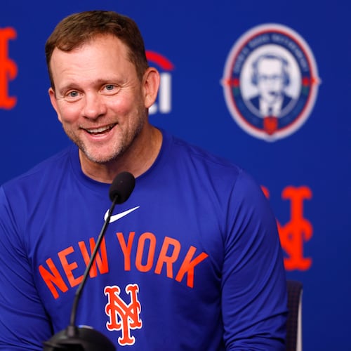 New York Mets interim manager Andy Green answers questions during a news conference, Sunday, Sept. 20, 2026, in New York. (AP Photo/Noah K. Murray)