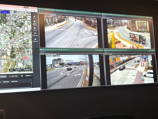 Monitors inside Chamblee's Real Time Crime Center show live camera feeds from parks and intersections across the city.
(Shaddi Abusaid/AJC)