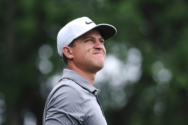 Cameron Champ watches his shot off the ninth tee during the first round of the CJ Cup Byron Nelson golf tournament in McKinney, Texas, Thursday, May 1, 2025. (AP Photo/Gareth Patterson)