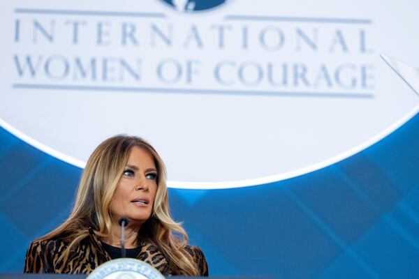 First lady Melania Trump speaks during the International Women of Courage award ceremony, Tuesday April 1, 2025, at the State Department in Washington. (AP Photo/Jacquelyn Martin)