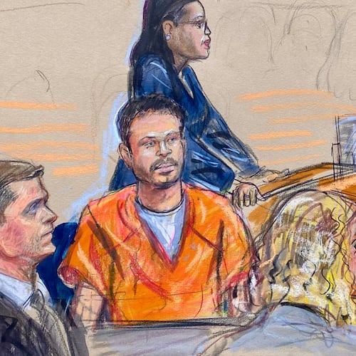 This courtroom sketch depicts Cole Tomas Allen, seated center, the California man arrested in the shooting incident at the correspondents dinner in Washington, seen appearing before U.S. Magistrate Moxila Upadhyaya, in federal court, Thursday, April 30, 2026 in Washington. (Dana Verkouteren via AP)