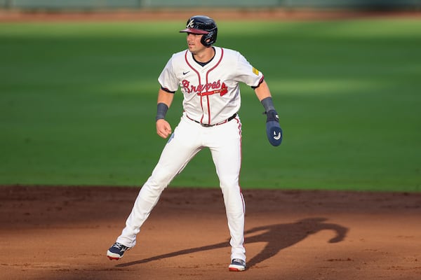 Braves third baseman Austin Riley takes a lead from second in the first inning of Tuesday's game.