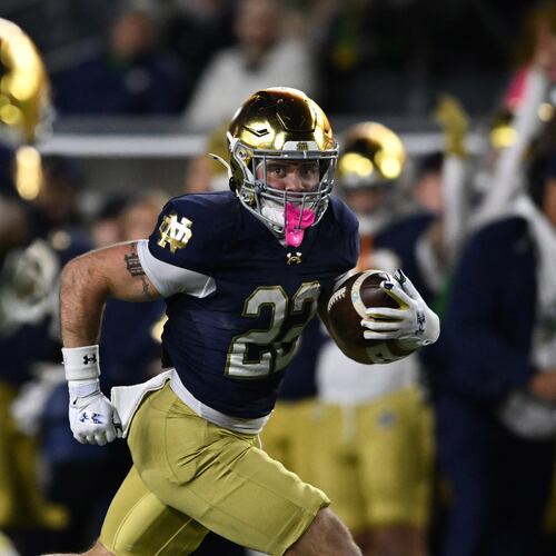 FILE - Notre Dame running back Aneyas Williams (22) rushes for a touchdown during the fourth quarter of an NCAA football game against Syracuse, Nov. 22, 2025, in South Bend, Ind. (AP Photo/Paul Beaty, File)