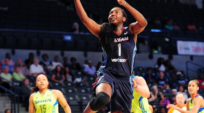 ATLANTA, GA - JULY 9:  Elizabeth Williams #1 of the Atlanta Dream shoots a lay up against the Dallas Wings on July 9, 2017 at Hank McCamish Pavilion in Atlanta, Georgia.  NOTE TO USER: User expressly acknowledges and agrees that, by downloading and/or using this Photograph, user is consenting to the terms and conditions of the Getty Images License Agreement. Mandatory Copyright Notice: Copyright 2017 NBAE (Photo by Scott Cunningham/NBAE via Getty Images)