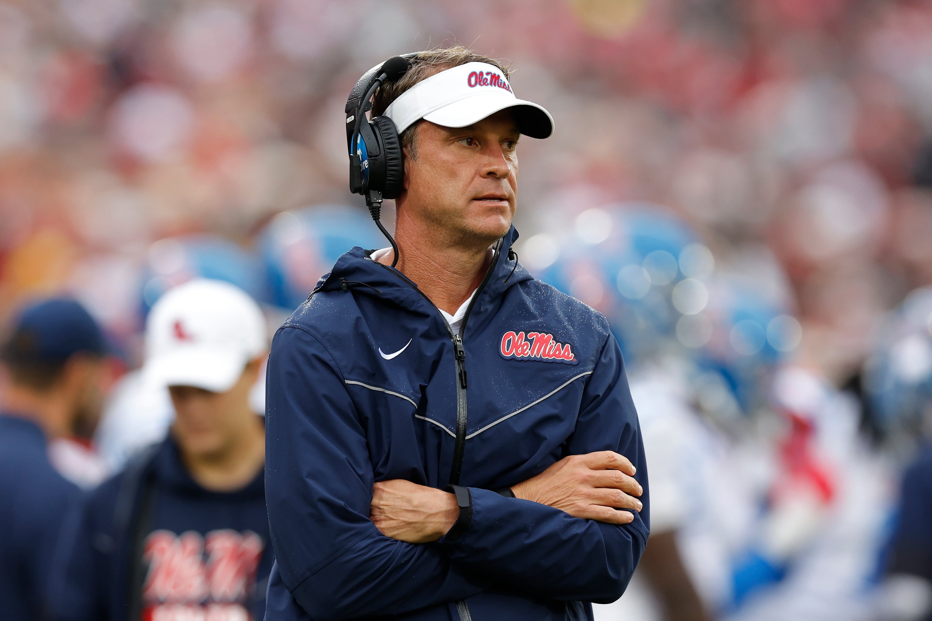 Mississippi head coach Lane Kiffin watches his team play against Oklahoma on Saturday, Oct. 25, 2025 in Norman, Okla. Kiffin pointed out Ole Miss won the game in Oklahoma’s stadium, amid weather that favored the Sooners’ defense, and by eight points. (Alonzo Adams/AP)