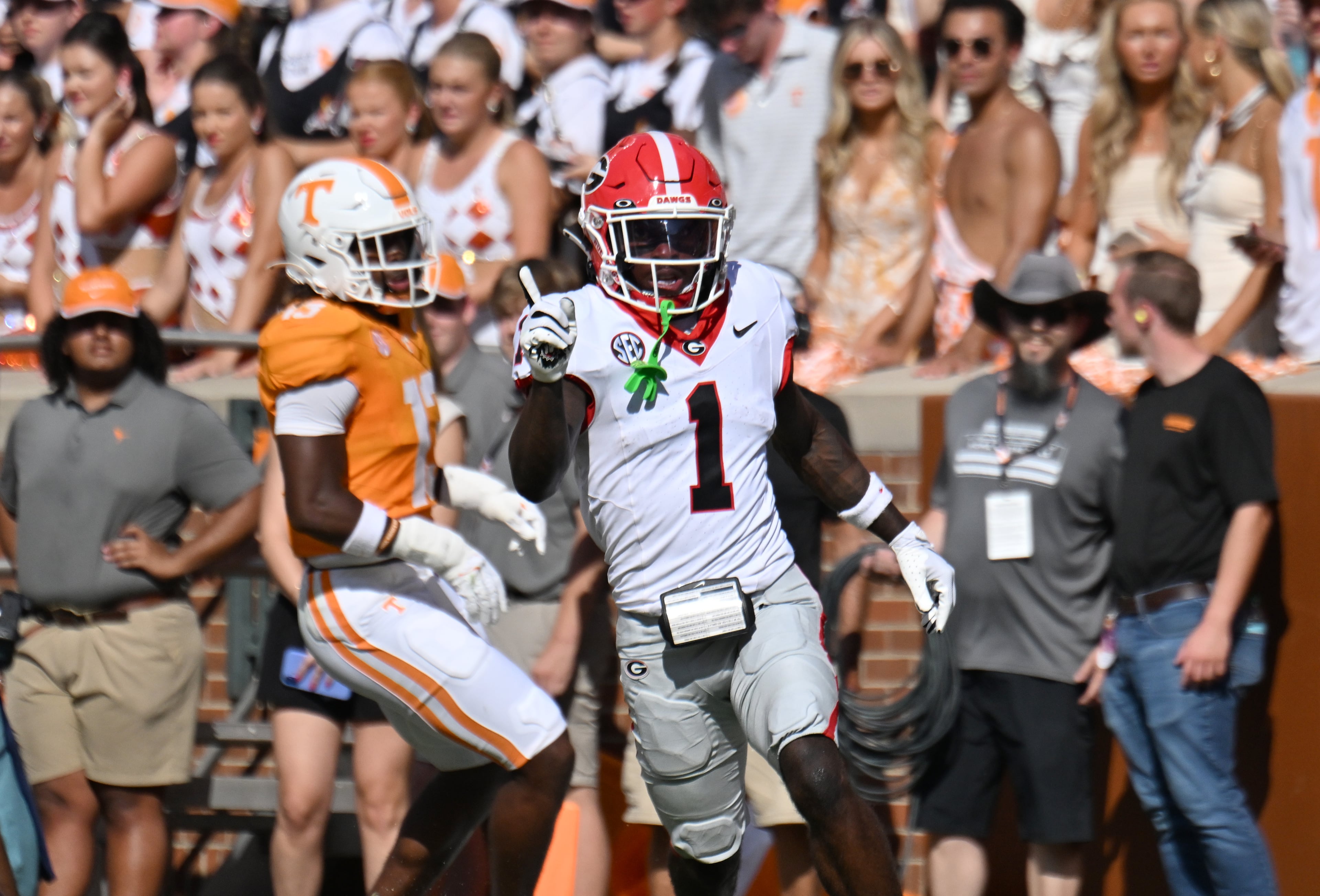 Georgia wide receiver Zachariah Branch celebrates after scoring a touchdown during the first half agains Tennessee at Neyland Stadium on Saturday, Sept. 13, 2025, in Knoxville, Tenn. (Hyosub Shin/AJC)