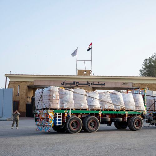 A truck enters the Egyptian gate of the Rafah crossing, heading for inspection by Israeli authorities before entering the Gaza Strip, Tuesday, Jan. 27, 2026. (AP Photo/Mohamed Arafat)