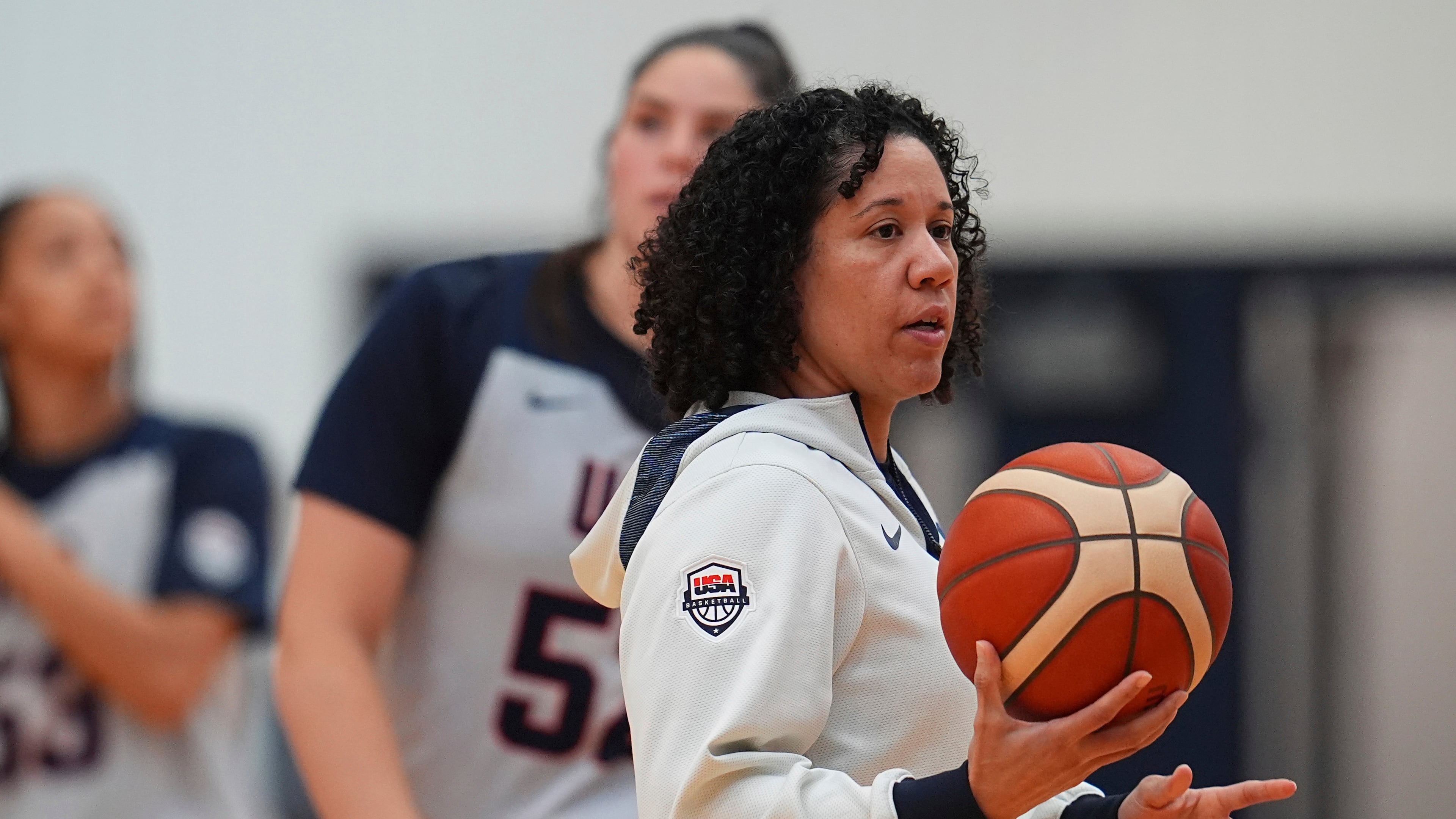 FILE - Head coach Kara Lawson directs players during a USA Basketball women's Americup Trials practice on June 18, 2025, at the USA Olympic training center in Colorado Springs, Colo. (AP Photo/David Zalubowski, File)