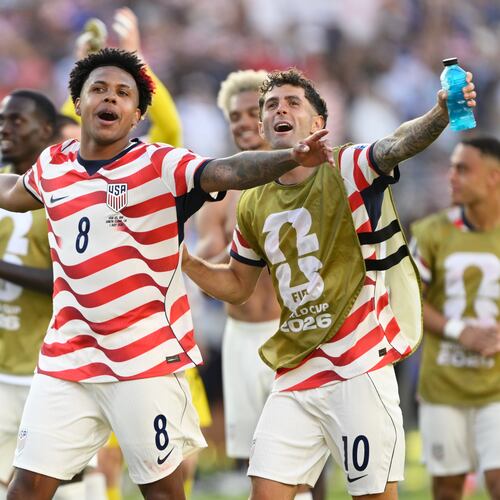 United States' Weston McKennie (8) and Christian Pulisic (10) celebrate winning the World Cup round of 32 soccer match between the United States and Bosnia in Santa Clara, Calif., near San Francisco, Wednesday, July 1, 2026. (AP Photo/Eakin Howard)
