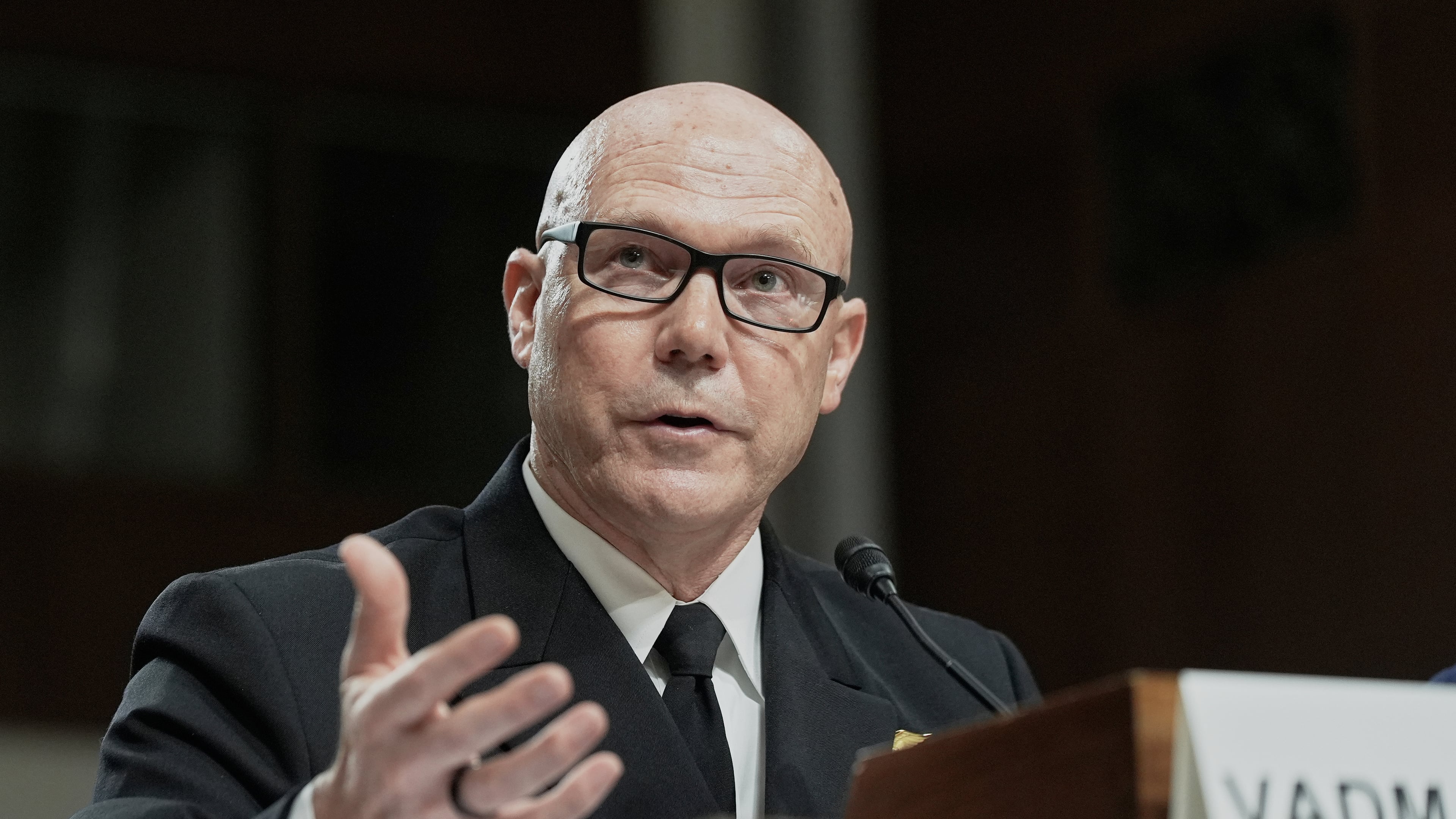 FILE - Admiral Frank M. Bradley testifies during a Senate Armed Services Committee hearing to examine his nomination to be admiral and Commander, United States Special Operation Command, July 22, 2025, at the Capitol in Washington. (AP Photo/Mariam Zuhaib, file)