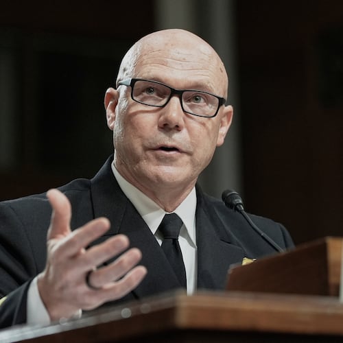FILE - Admiral Frank M. Bradley testifies during a Senate Armed Services Committee hearing to examine his nomination to be admiral and Commander, United States Special Operation Command, July 22, 2025, at the Capitol in Washington. (AP Photo/Mariam Zuhaib, file)