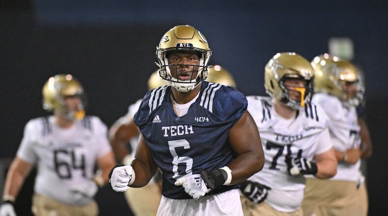 Keion White (6) played four games from 2020-21. He broke out in 2022, with 7.5 sacks and 11.5 tackles for loss. He delivered in Georgia Tech’s upset victory over North Carolina, sacking UNC quarterback Drake Maye, considered a Heisman Trophy candidate, three times. (Hyosub Shin file photo / Hyosub.Shin@ajc.com)