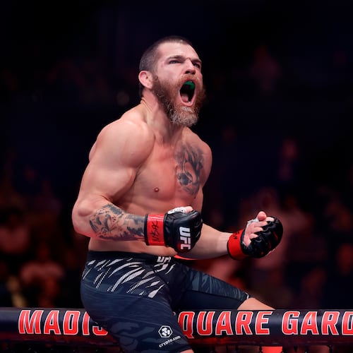 FILE - Jim Miller reacts after defeating Damon Jackson in a UFC 309 mixed martial arts lightweight title bout, Nov. 16, 2024, in New York. (AP Photo/Adam Hunger, File)