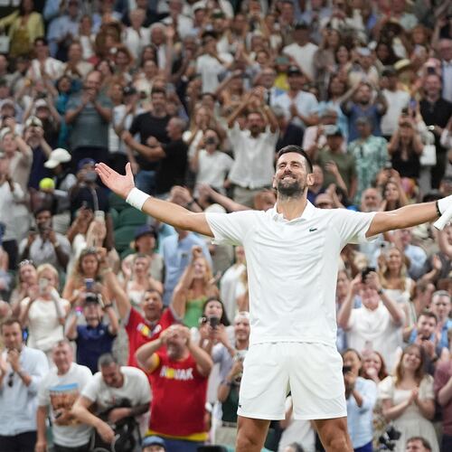 Novak Djokovic of Serbia celebrates winning against Felix Auger-Aliassime of Canada in their quarter-final men's singles match at the Wimbledon Tennis Championships in London, Tuesday, July 7, 2026. (AP Photo/Maja Smiejkowska)
