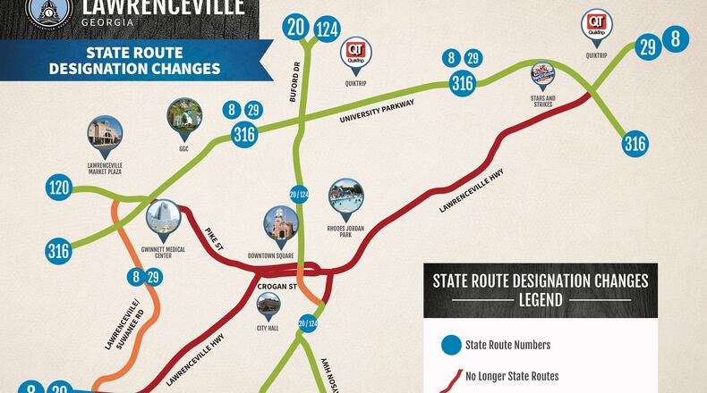 The Lawrenceville City Council has voted to re-designate State Routes 8, 120, 20, 29 and 124 off of Pike and Crogan Streets in the Downtown District. Courtesy City of Lawrenceville