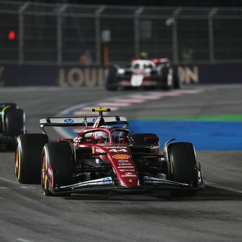 Ferrari driver Lewis Hamilton of Great Britain drives during the Formula One Las Vegas Grand Prix auto race, Saturday, Nov. 22, 2025 in Las Vegas. (AP Photo/Eric Gay)