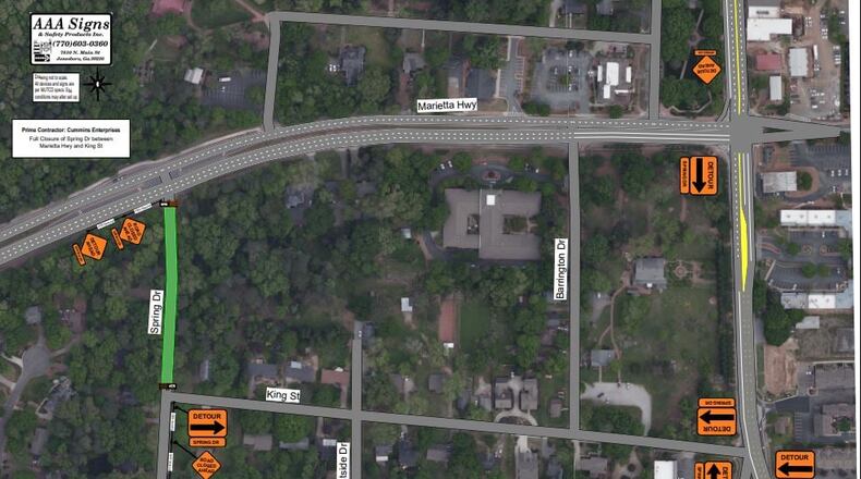 During water line construction Spring Drive in Roswell will be closed daily from 9 a.m. to 5 p.m. between King Street and Marietta Highway/Ga. 120. (Courtesy City of Roswell)