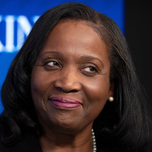 Lisa Cook, a Federal Reserve Board of Governors member, reacts during an event at the Brookings Institution, Monday, Nov. 3, 2025, in Washington. (Mark Schiefelbein/AP)