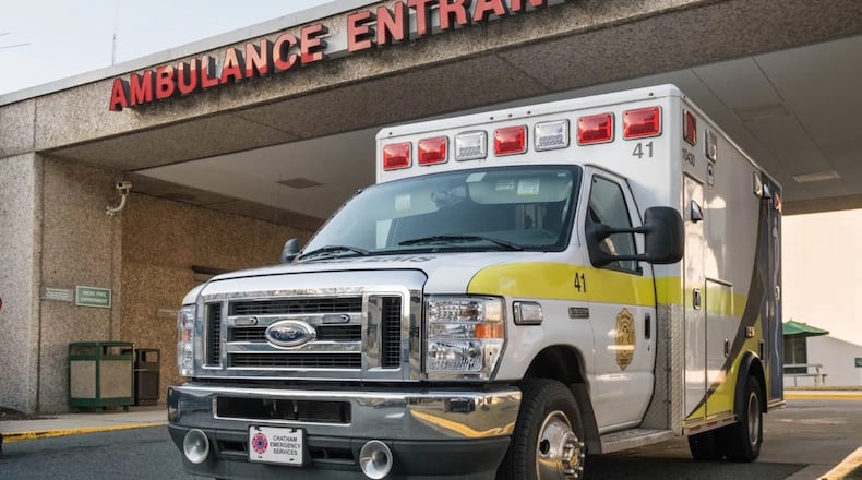 Chatham Emergency Services ambulance outside of St. Joseph's/Candler Hospital in Savannah on Feb. 26, 2024. Ambulance operators are experiencing glitches in the county's new dispatch system, potentially delaying emergency responses. (Photo Courtesy of Justin Taylor/The Current)