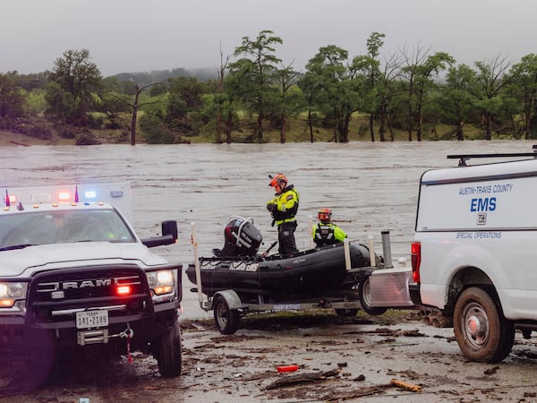Members of Task Force 1 deploy boats along the Guadalupe River in the wake of a destructive flooding event in Kerrville on Friday July 4, 2025. (Christopher Lee/The San Antonio Express-News via AP)
