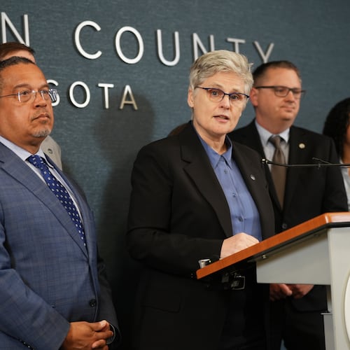 Hennepin County Attorney Mary Moriarty speaks during a news conference at the Hennepin County Government Center in Minneapolis, Minn., on Monday, May 18, 2026. Attorney General Keith Ellison stands at left. (Renée Jones Schneider/Minnesota Star Tribune via AP)