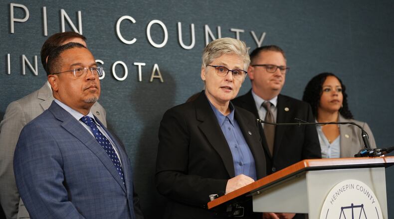 Hennepin County Attorney Mary Moriarty speaks during a news conference at the Hennepin County Government Center in Minneapolis, Minn., on Monday, May 18, 2026. Attorney General Keith Ellison stands at left. (Renée Jones Schneider/Minnesota Star Tribune via AP)