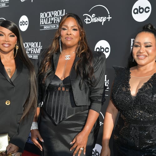 Sandra Denton,from left, DJ Spinderella and Cheryl James of Salt-N-Pepa arrive at the 2025 Rock and Roll Hall of Fame Induction Ceremony on Saturday, Nov. 8, 2025, at L.A. Live in Los Angeles. (Photo by Richard Shotwell/Invision/AP)