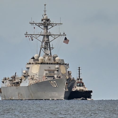 The USS Gravely destroyer arrives to dock for military exercises in Port-of-Spain, Trinidad and Tobago, Sunday, Oct. 26, 2025. (AP Photo/Robert Taylor)