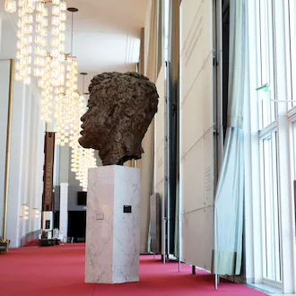 A bronze sculpture of President John F. Kennedy is displayed in the John F. Kennedy Memorial Center For The Performing Arts, Monday, Feb. 2, 2026, in Washington. (Rahmat Gul/AP)