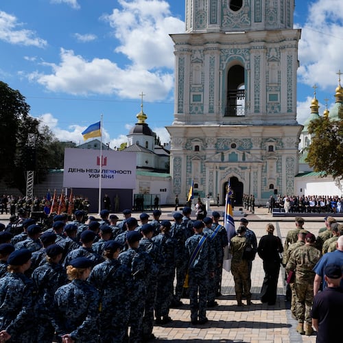 Ukrainian and foreign officials attend a ceremony marking Ukraine's Independence Day in Kyiv, Ukraine, Monday, Aug. 24, 2026. (AP Photo/Efrem Lukatsky)