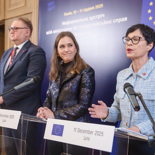 EU Commissioner for Enlargement Marta Kos, right, attends a joint press conference with Ukraine's Deputy Prime Minister for European and Euro-Atlantic Integration of Ukraine Taras Kachka, left, and Marie Bjerre, Danish Minister for European Affairs, after informal meeting of EU ministers for European affairs in Lviv, Ukraine, on Thursday, Dec. 11, 2025. (AP Photo/Evgeniy Maloletka)
