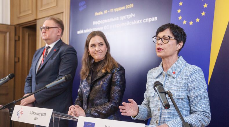 EU Commissioner for Enlargement Marta Kos, right, attends a joint press conference with Ukraine's Deputy Prime Minister for European and Euro-Atlantic Integration of Ukraine Taras Kachka, left, and Marie Bjerre, Danish Minister for European Affairs, after informal meeting of EU ministers for European affairs in Lviv, Ukraine, on Thursday, Dec. 11, 2025. (AP Photo/Evgeniy Maloletka)