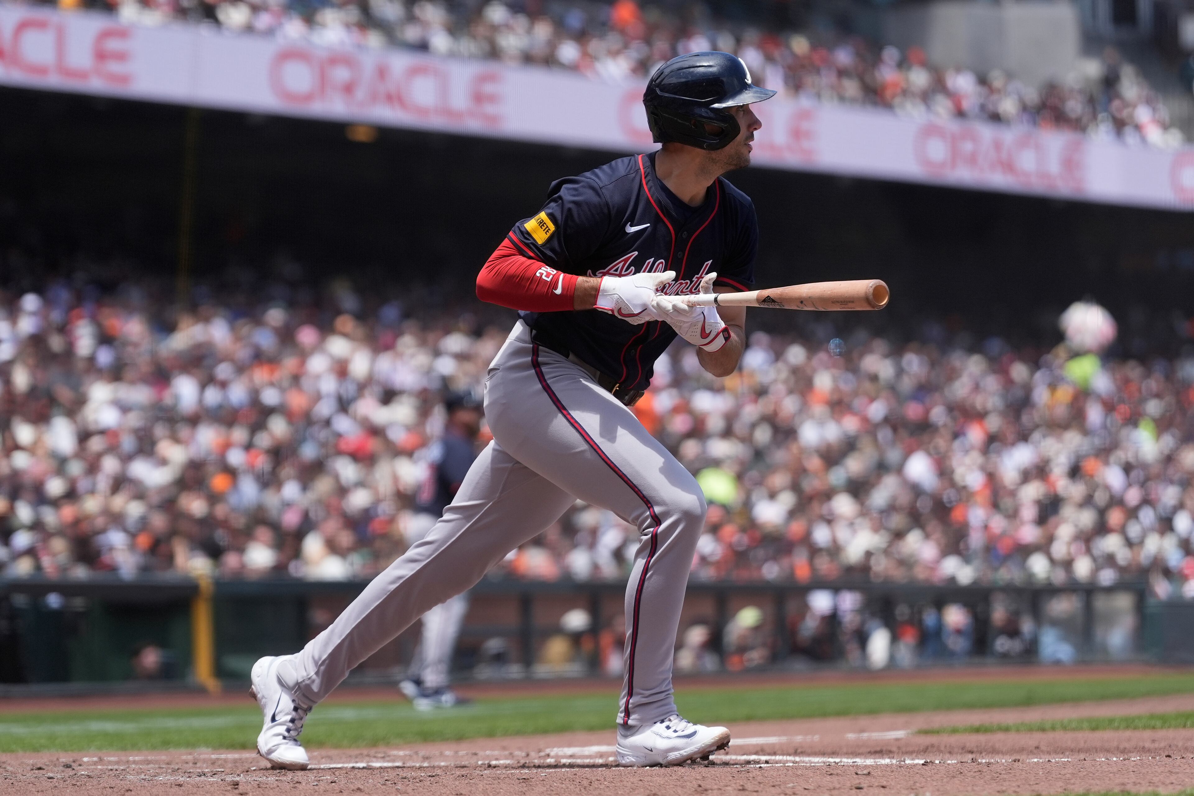 Atlanta Braves' Matt Olson watches his two-run double during the third inning of a baseball game against the San Francisco Giants in San Francisco, Sunday, June 8, 2025. (AP Photo/Jeff Chiu)