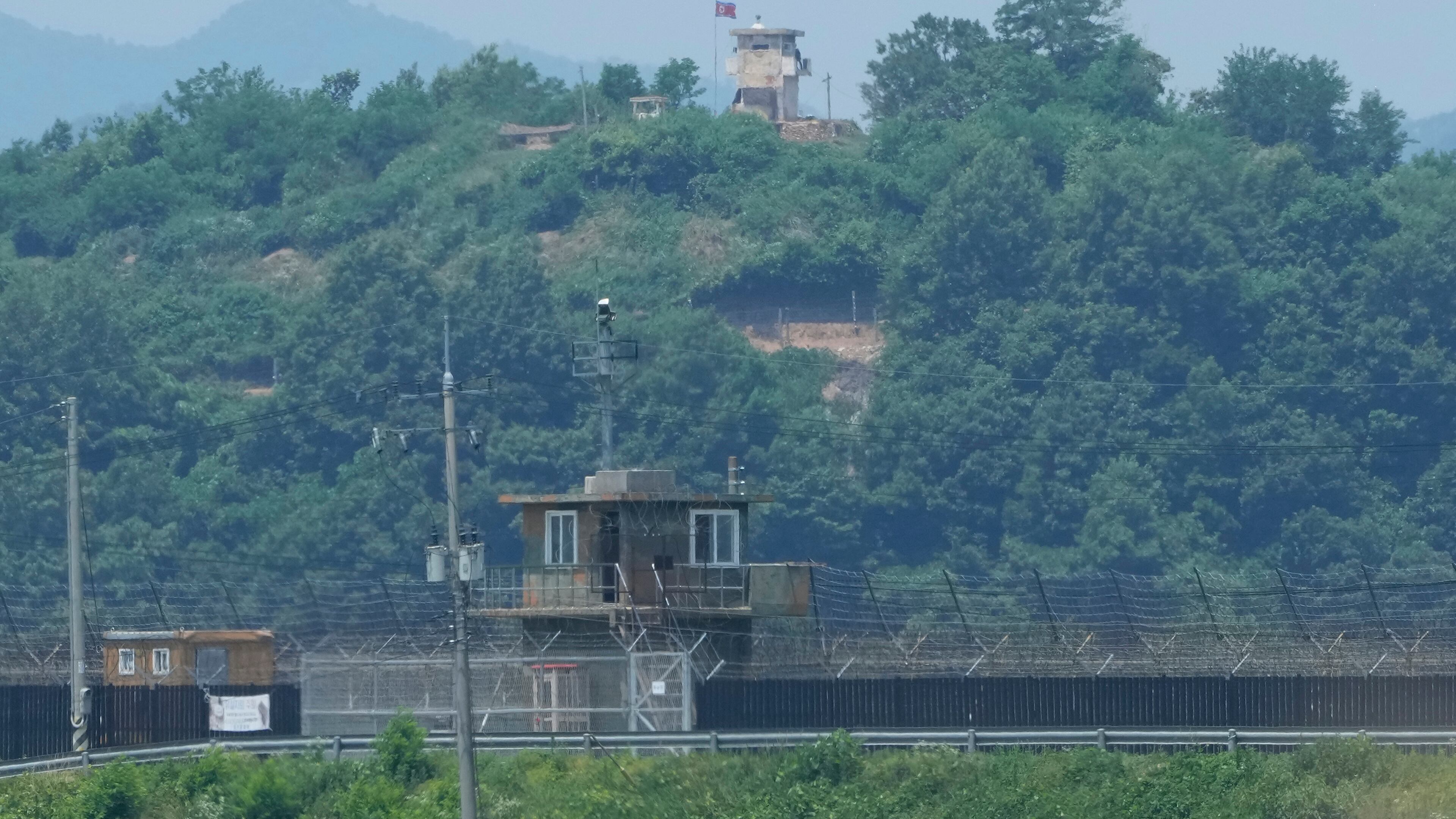 FILE - A North Korean military guard post, top, and a South Korean post, bottom, are seen from Paju, South Korea, near the border with North Korea, on June 18, 2024. (AP Photo/Ahn Young-joon, File)