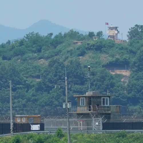 FILE - A North Korean military guard post, top, and a South Korean post, bottom, are seen from Paju, South Korea, near the border with North Korea, on June 18, 2024. (AP Photo/Ahn Young-joon, File)