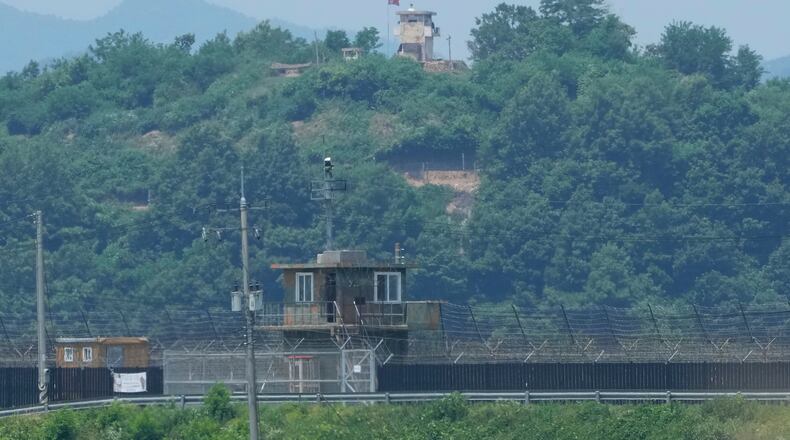 FILE - A North Korean military guard post, top, and a South Korean post, bottom, are seen from Paju, South Korea, near the border with North Korea, on June 18, 2024. (AP Photo/Ahn Young-joon, File)
