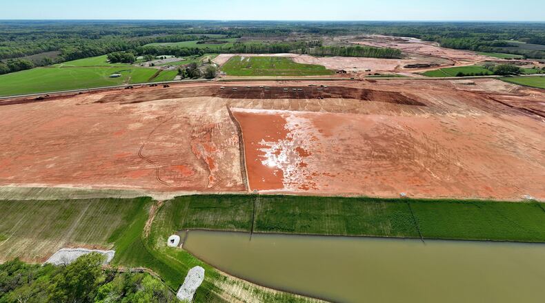 Aerial photograph shows the 1,800-acre Rivian factory site in southern Walton and Morgan counties east of Atlanta, March 30, 2023, in Social Circle. (Hyosub Shin/The Atlanta Journal-Constitution/TNS)