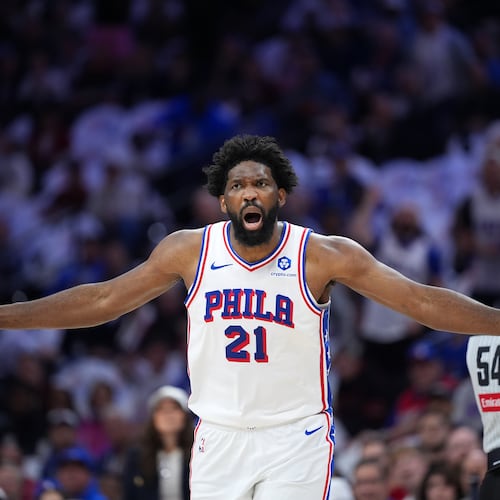 Philadelphia 76ers' Joel Embiid reacts after a foul call during the first half of Game 3 in a second-round NBA basketball playoff series against the New York Knicks Friday, May 8, 2026, in Philadelphia. (AP Photo/Matt Slocum)
